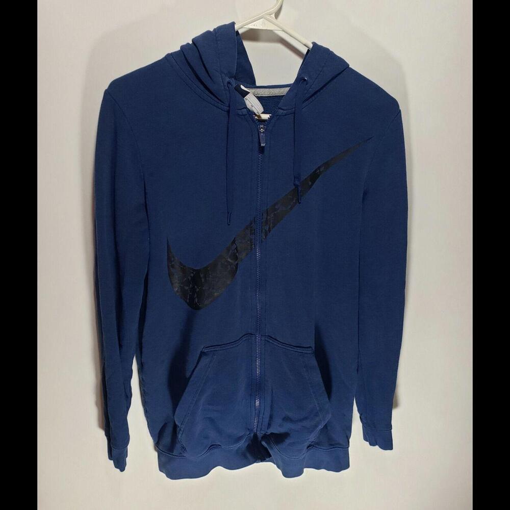 Mens Vintage NIKE Big Swoosh Blue‎ Black Full Zip-Up Hoodie Size Medium M